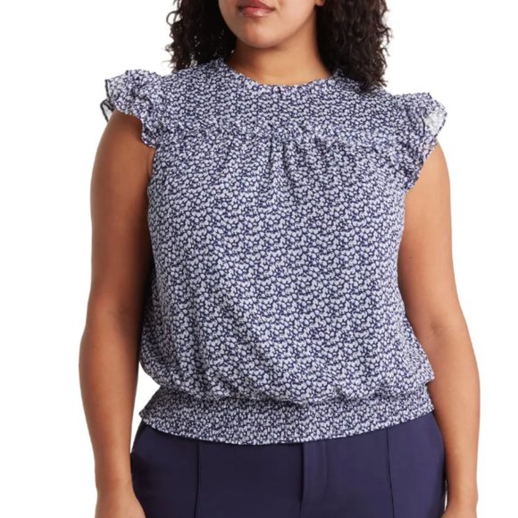 1.STATE Short Sleeve Ruffle Smocked Floral Print Blouse Navy/White 1X - Picture 1 of 11